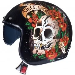 MT Helmets Casque Moto Vintage Jet MT Casques Le Mans SV 2 Skull & Roses A1 Noir Rouge